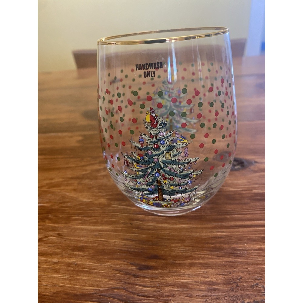 Spode Stemless Wine Glasses Set of 4 19oz Clear Christmas Tree Gold Rim Holiday - Picture 2 of 6